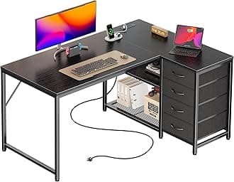 PRAISUN 43.3" Small Computer Desk with Power Outlets and USB-C Port, Reversible L Shaped Corner Office Desk with 4 Fabric Drawers and 2 Height-Adjustable Shelves, for Gaming Writing, Black