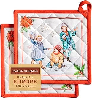 Maison d' Hermine Pot Holder 100% Cotton Heat Resistant Set of 2 Pot Holders (20 cm x 20 cm) Hot Pads with Bow for Grilling, Cooking, Barbecuing, Microwave, Chromo - Thanksgiving / Christmas