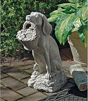 Design Toscano Man's Best Friend Dog with Basket Outdoor Garden Statue, 8 Inches Wide, 12 Inches Deep, 19 Inches High, Handcast Polyresin, Antique Stone Finish