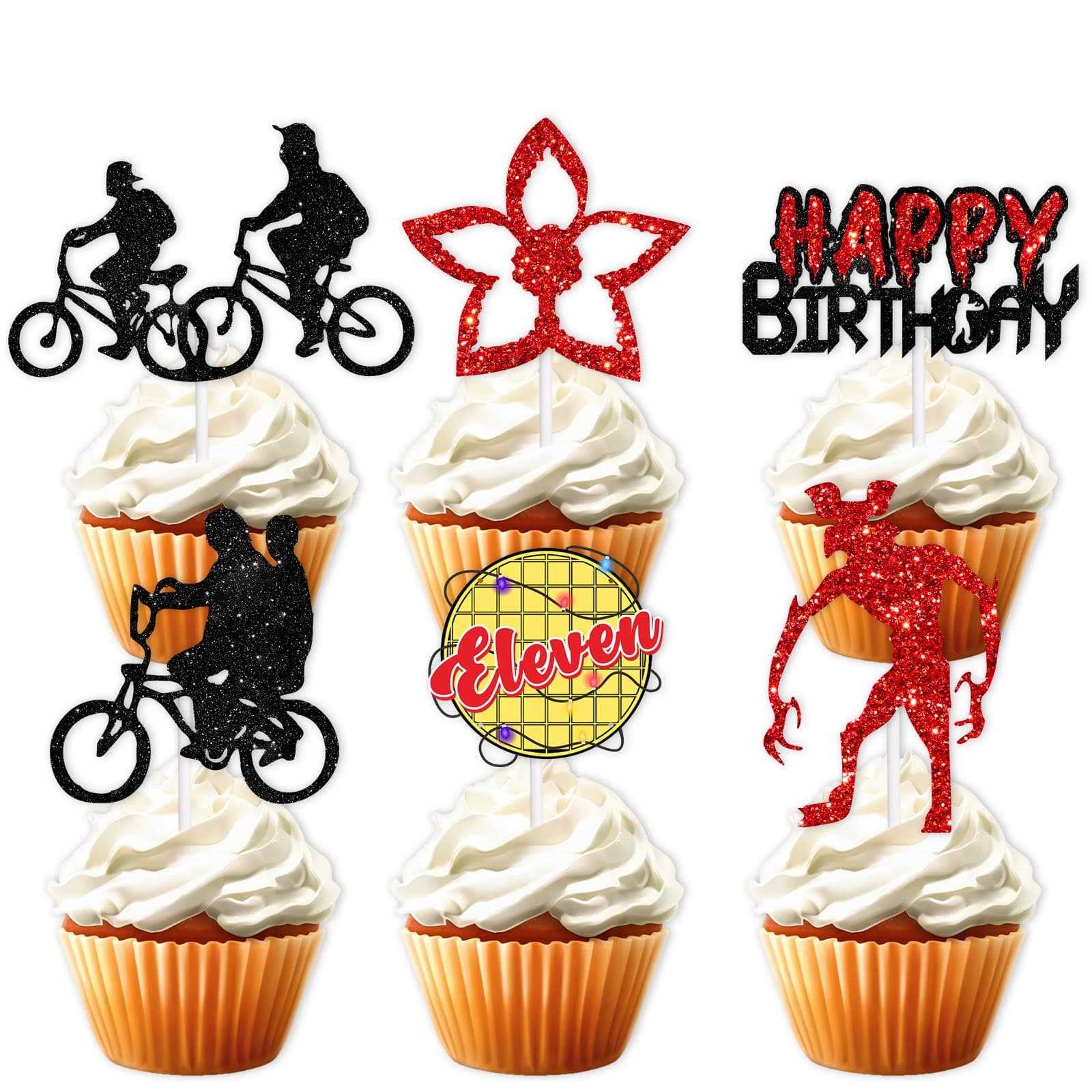Cupcake Topper TV Program Characters Theme Eleven Things Party Decor Picks for Children Boy Girl Happy Birthday Decorations Supplies 18pcs Red Glitter