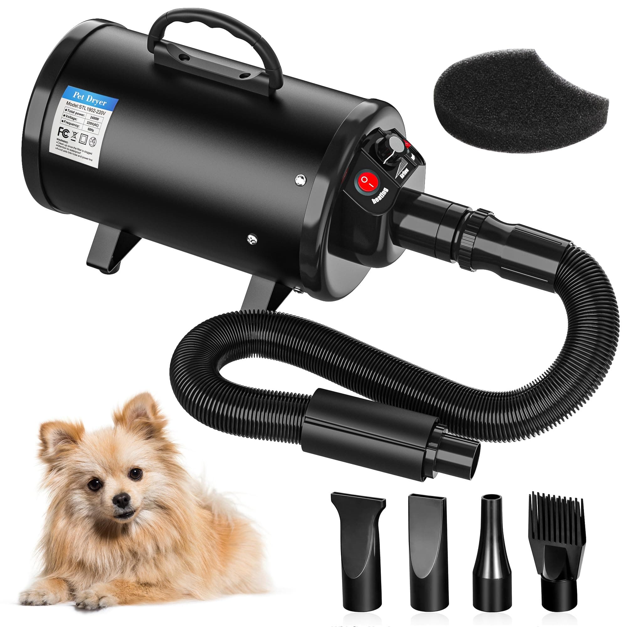 Nova Microdermabrasion High Velocity Pet Hair Force Dryer, Professional Pet Grooming Blower with 3 Nozzles Heater Air Speed for Grooming