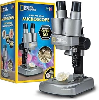 National Geographic Dual LED Student Microscope - 50+ pc Science Kit Includes Set of 10 Prepared Biological & 10 Blank Slides, Lab Shrimp Experiment, 10x-25x Optical Glass Lenses and More! (Silver)