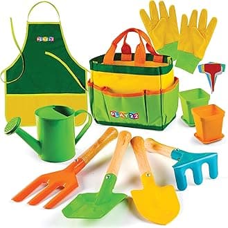 Kids Gardening Tool Set 12 PCS - Kids Gardening Tools Shovel Rake Fork Trowel Apron Gloves Watering Can and Tote Bag, Toddler Gardening Tools for Kids Best Outdoor Toys Gift for Boys and Girls