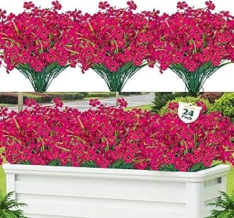 Lnoicy 24 Pcs Artificial Flowers for Outdoor,Plastic Flowers Decoration, UV Resistant Faux Flowers Shrubs, Artificial Plants for Indoor Outside Garden Home Wedding Farmhouse(Rose Red)