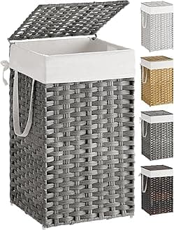 SONGMICS Laundry Hamper with Lid, 17.2 Gallon (65 L) Synthetic Rattan Clothes Laundry Basket with Lid and Handles, Foldable, Removable Liner, Dove Gray ULCB165G01