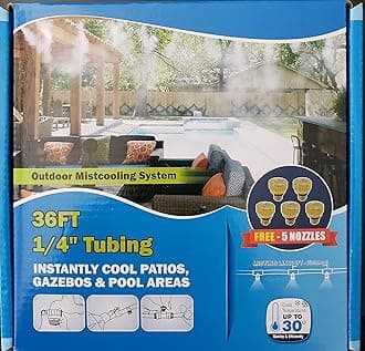 Patio Cooling Misting System | Outdoor Cooling System for Outdoor living. Reduces temperatures by up to 30 Degrees. DIY Misting system with Misting Nozzles. 36 Ft System with 8 Misting Nozzles.