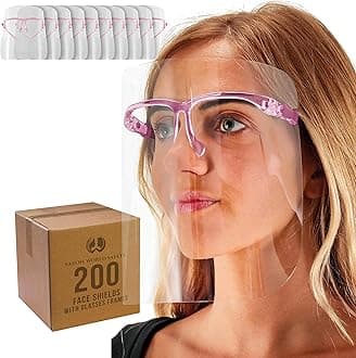 Salon World Safety Face Shields with Pink Glasses Frames (Case of 200) - Ultra Clear Protective Full Face Shields to Protect Eyes, Nose, Mouth - Anti-Fog PET Plastic, Goggles