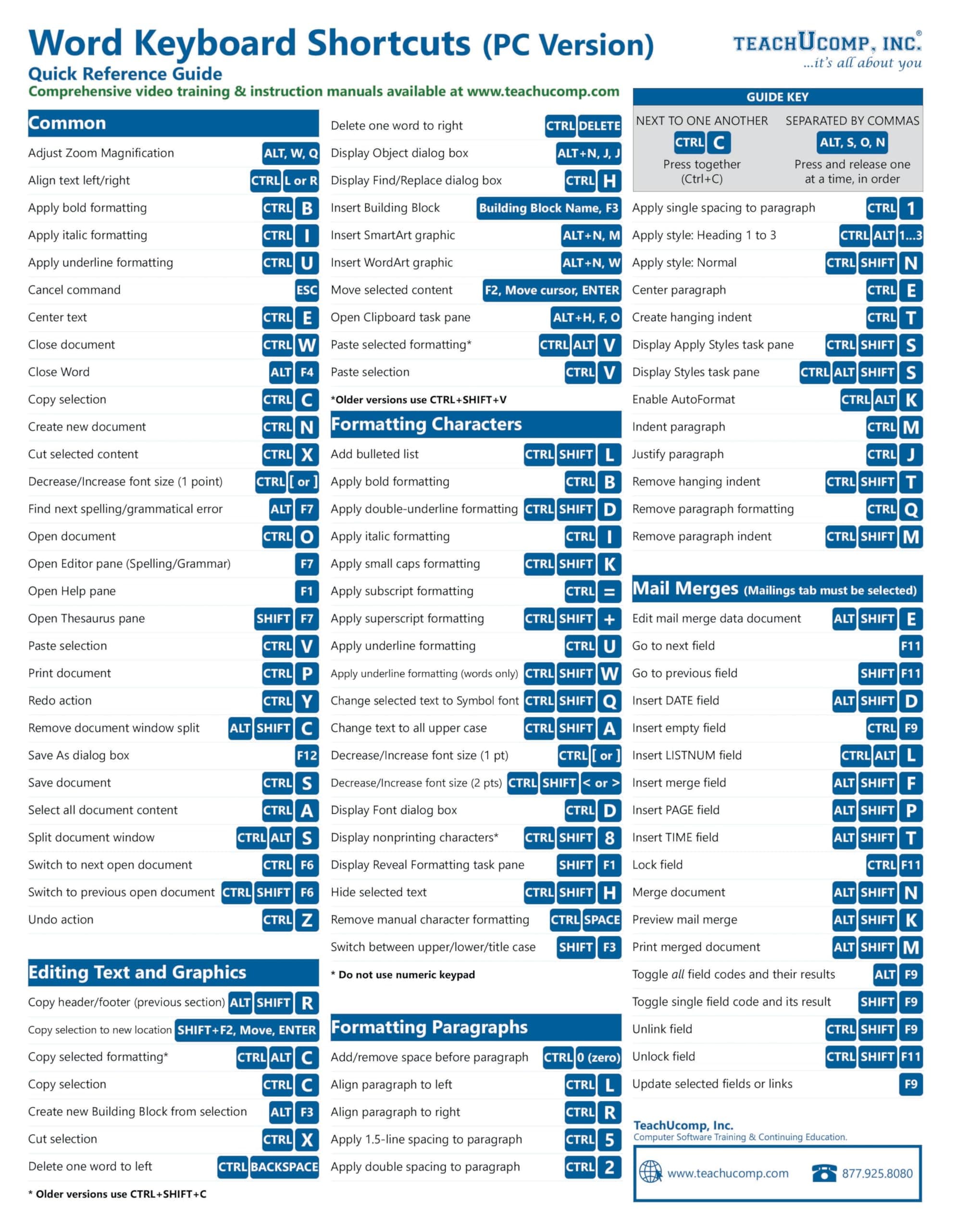 Microsoft Word (PC/Windows) Keyboard Shortcuts Quick Reference Training Tutorial Guide Cheat Sheet- Laminated