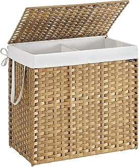SONGMICS Laundry Basket, 160 L Synthetic Rattan Storage Basket with Lid and Handles, Wicker, Foldable, Removable Liners, for Blankets, Clothes, Living Room, Laundry Room, Natural Colour LCB216Y01