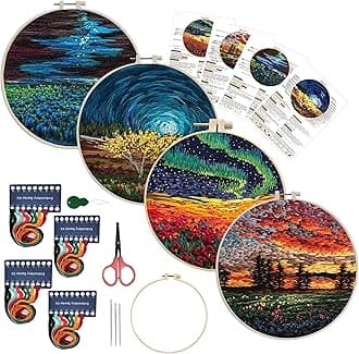 Maydear 4 Pack Embroidery Starter Kit with Pattern, Stamped Cross Stitch Kits for Beginners Adults with Embroidery Hoop and Instructions, Hand Embroidery Kit (Embroidery kit flower2)