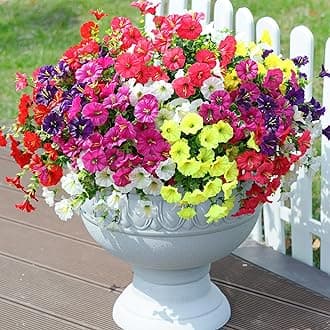 Artificial Flowers Fake Plants for Outdoors Decoration, 12 Bundles Silk Morning Glory with Eucalyptus Realistic UV Resistant Faux Flowers for Outside Planter Porch Yard Patio Garden Home Indoor, Mix