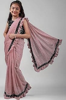Kids Girls Lycra Blend Saree With Unstitched Sequence Blouse Piece (3-4 yrs to 11-12 yrs) (Baby Pink, 6-7 Years - M)