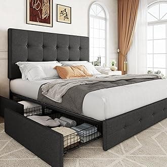 Allewie Upholstered Full Size Platform Bed Frame with 4 Storage Drawers and Headboard, Square Stitched Button Tufted, Mattress Foundation with Wooden Slats Support, No Box Spring Needed, Dark Grey