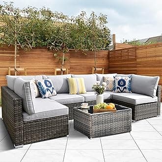 HOOOWOOO Patio Outdoor Sectional Furniture Sofa Set,7 Piece U Shaped Corner Wicker Rattan Couch Set,Rustic 6 Persons Summer Patio Conversation Set for Outside Porch Deck Garden(Light Gray)