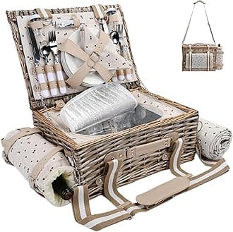 Picnic Basket Set for 4 with Insulated Liner and Waterproof Blanket Wine Pouch, Large Wicker Picnic Hamper for Camping,Outdoor,Valentine, for Couples, Cherry Coffee