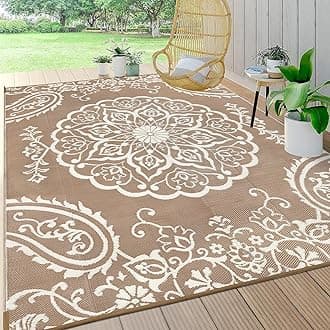 Pauwer Waterproof Outdoor Rug 10x14, Reversible Plastic Straw Patio Camping Rug, Indoor Outdoor RV Mat Carpet for Deck, Camper, Porch, Balcony, Backyard, Picnic, Boho Brown