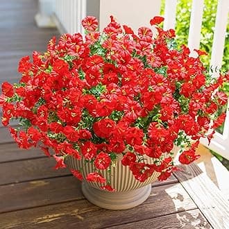 HyeFlora Artificial Flowers for Outdoors Fake Plants Outside Decoration, 12 Bundles Silk Red Morning Glory UV Resistant Look Real Faux Flowers for Planter Front Door Porch Patio Yard Gardens Balcony
