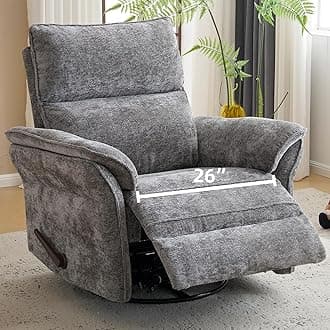 Oversized Glider Rocker Recliner, 26" Extra Wide 360° Swivel Nursery Recliner with Adjustable Headrest, Chenille Rocking Nursery Chair with Overstuffed Armrest, Lumbar Support, Dark Grey
