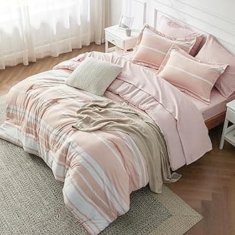 Bedsure Full Comforter Set 7 Pieces, Light Pink Striped Bedding Set for All Seasons, Reversible, Cationic Dyeing Bed in a Bag with Comforter, Sheets, Pillowcases & Shams