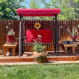 PURPLE LEAF Outdoor Patio Porch Swing with Stand, 2-seat Swing Chair with Adjustable Tilt Canopy All-Weather Steel Frame for Backyard Front Porch Lawn, Cushions and Pillow Included, Terra