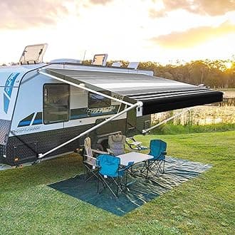 YESCAMP Manual RV Awning Complete Kit Retractable Camper Awning for RV or Trailers RV Roll Out Awning for Camper or 5th Wheel,Travel Trailers,Toy Haulers,Motohome(12Ft,White Frame,Black Stripe)