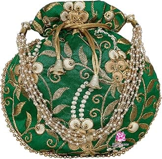 Potli Bag for Women Ethnic Gold, Pearl Handle Floral Accents, Drawstring Closure Pearls Handle Batwa Clutch Purse