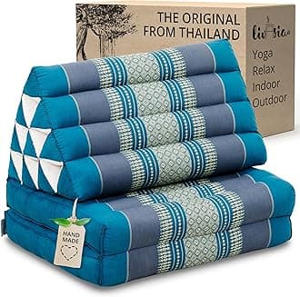 livasia Thai cushion with 2 seat rests - 47x20x3.1″ - Triangle cushion with seat cushion, Wedge cushion, kapok, Back support cushion, folding, Thai mat, folding, Hand made (Light Blue)
