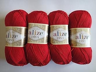 Alize Diva Silk Yarn - Microfiber Acrylic Sport Weight - Lightweight & Soft for Crocheting & Knitting Scarves, Clothes & Crafts - 1 Skein 100g, 383 Yards, Fingering Weight 14 WPI - Red