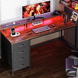 Huuger 55 Inch Computer Desk with Power Outlets and LED Lights, Gaming Desk with 4 Drawers, Office Desk with Monitor Stand, Study Work Home Office, Rustic Brown