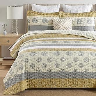 Homzard Quilt King Size-Comforter King Quilt Bedding Set,Mustard Yellow Beige Grey All Cotton Quilted Bedspread,Striped Floral Pattern Bedding Set,Lightweight Reversible 3 Piece,All Seasons