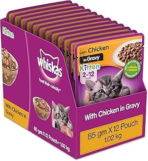Whiskas Wet Food for Kittens (2-12 Months), Chicken in Gravy Flavour, 12 Pouches (12 x 85g)
