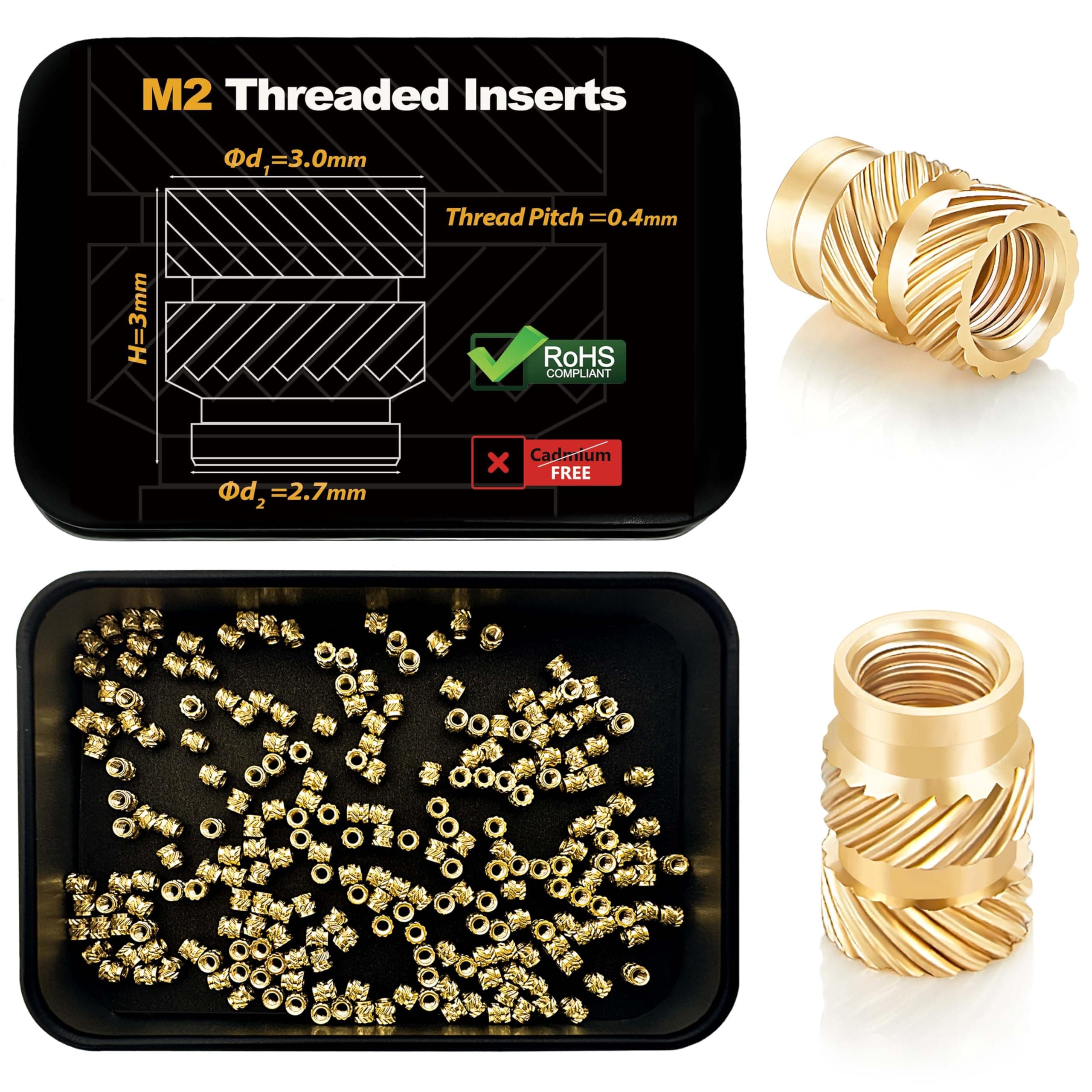 - Kadrick 200Pcs M2 Threaded Inserts for 3D Printing Components,M2*3 * 3 Metric Brass Knurled Nuts, Insert by Heat into Plastic Parts