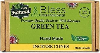 Bless International Green-Tea 100%-Natural-Incense-Cones Handmade-Hand-Dipped Organic-Chemicals-Free for-Purification-Relaxation-Positivity-Yoga-Meditation The-Best-scents (10 Count)