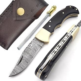 Damascus Pocket Knife for Men - 133 Layer Solid Steel Handmade Folding Hunting Knives with Sharpner and Leather Pouch - Best Knife for Camping Hunting Hiking - Father’s Day Gifts for Men Husband Dad