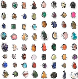 Chunky Silver Rings Pack for Women - 05 Pcs - Stackable Fashion Ring Set, Silver Plated Statement Knuckle Handmade Gemstone Gothic Vintage Rings for Girls (GB Size L to U)