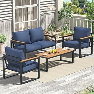 Patio Furniture Set, 4 Pieces Outdoor Patio Furniture with Coffee Table Set, Metal Patio Conversation Sets with Washable and High-Resiliency Sponge Cushions, Upgrade Blue