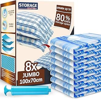 STORAGE MASTER Vacuum Storage Bags, 8-pack Jumbo Size Space Saver Bags 80% More Storage Space with Hand Pump