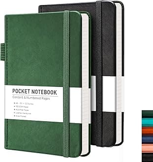 RETTACY Pocket Journal Notebook, 2-Pack, 160 Numbered Lined Pages per Pack, A6 Mini Small Size (3.5" × 5.5"), for Work, Journaling, Leather Hardcover, 100 GSM Thick Paper (Black & Dark Green)