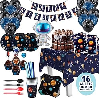 ecoZen Austranaut Birthday Party Decorations - Space Themed Supplies for 16 Guests, Includes Plates, Cups, Napkins, Banner, Cutlery, Balloons, Tablecloth, Straws, Toppers