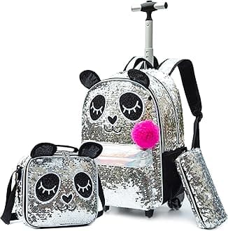 MeetbelifyCute Panda Girls Rolling Backpack Wheels Backpacks for Kids Luggage Wheeled Sequin Sparkly Trolley Trip Suitcase for Elementary Students Carry on Backpack with Lunch Box for Girls