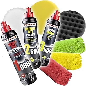 Menzerna Detailmate Polish Set: Heavy Cut Compound 1000 + Medium Polish 2500 + Super Finish 3500 + Standard Pads (Hard, Medium, Soft) + 3 Microfibre Cloths 550 GSM