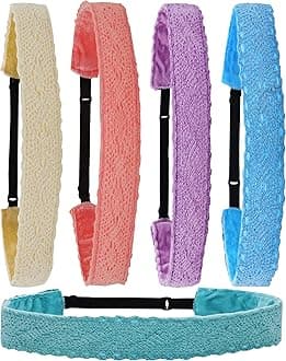 FROG SAC 5 Lace Headbands for Girls, Adjustable No Slip Stretch Elastic Girl Headband, Dressy Pastel Lacy Headwraps, Cute Plain Solid Color Hair Accessories for Kids Easter Basket Stuffers