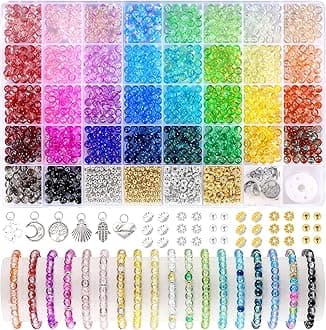 Funtopia Glass Beads Bracelet Making Kit, 1396pcs 6mm Crackle Glass Beads for Jewelry Making, 34 Colors Round Crystal Beads for Bracelets DIY Crafts with Spacer Beads and Charms