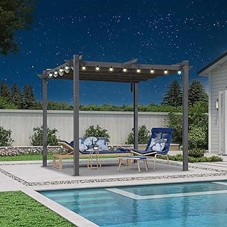 10' x 10' Aluminum Outdoor Pergola Modern Grape Trellis Retractable Pergola with Double Sun Shade Canopy Metal Pergola with Light for Patios Backyard Deck Garden, Grey
