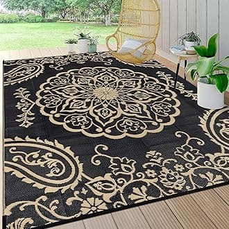 Pauwer Waterproof Outdoor Rug 6x9, Reversible Plastic Straw Patio Camping Rug, Indoor Outdoor RV Mat Carpet for Deck, Camper, Porch, Balcony, Backyard, Picnic, Boho Black Brown