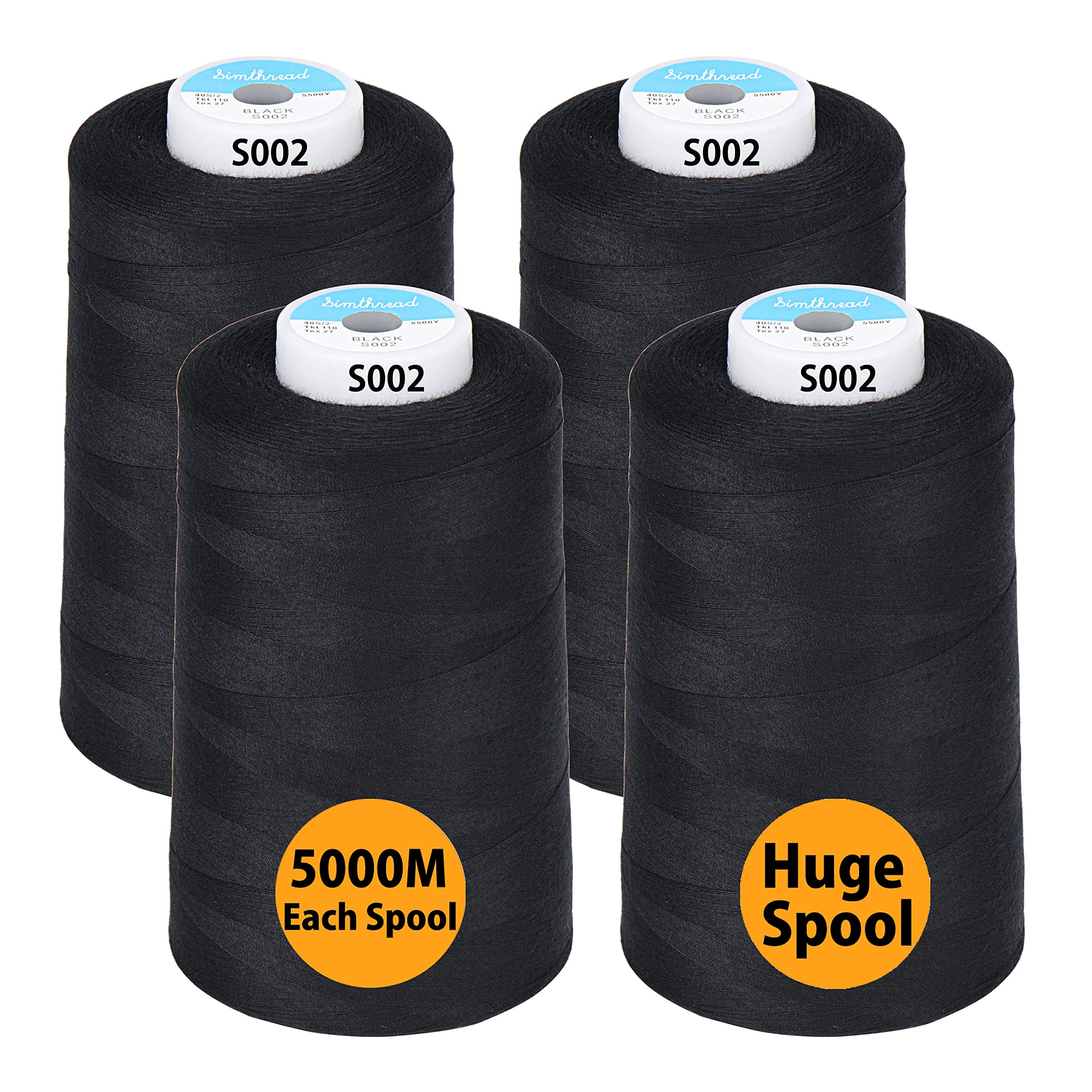 All Purpose Sewing Thread from 100% Spun Polyester for Serger, Overlock, Merrow, Quilting Sewing 4 Big Cones of 5000M (5500 Yards) Each - 40S/2 Black