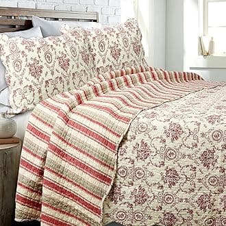 Cozy Line Home Fashions French Medallion Beige Burgundy Red Rose Flower Pattern Printed 100% Cotton Bedding Quilt Set Reversible Coverlet Bedspread (Burgundy Red, King - 3 Piece)