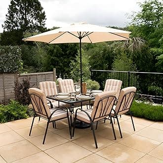 – 6 Seater Metal Garden Furniture Outdoor Dining Set with Table and Parasol in Beige Stripe