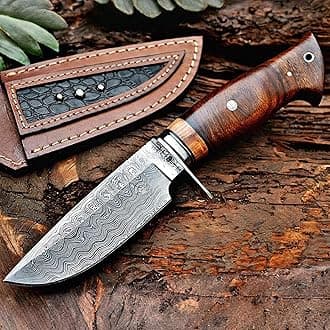 BIGCAT ROAR Wild Tiger - Handmade Damascus Steel Fixed Blade Knife 10" - Walnut Wood Handle & Leather Sheath - Bushcraft Outdoor Camping Skinning & Survival EDC Knife - Collector Hunter Men Gifts