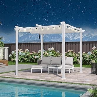 PURPLE LEAF 10' x 10' Outdoor Aluminum Pergola White Heavy-Duty Retractable Pergolas Patio Metal Pergola with Double Sun Shade Canopy and Light for Backyard Gardens Deck, White